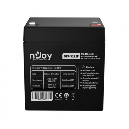 Acumulator nJoy GP4.5121F 12V Capacitate 14,95W/cell evaluat la 1.65V/cell @ 15 min, Tensiune 12V, Tip VRLA, Caracteristici Sigilata complet si fara intretinere, Peste 260 de cicluri la 100% DOD, Utilizare standard 3-5 ani, Auto-descarcare redusa, Conectori : F1 - Faston Tab 187