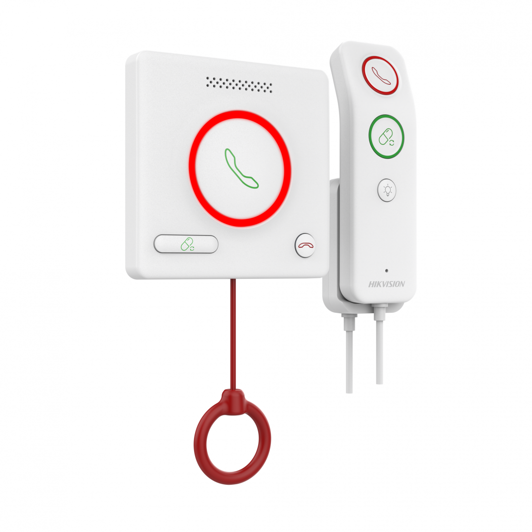 BUTON DE APELARE MEDICALA cu telecomanda Hikvision DS-KHH6020X-H; 1x RJ45 port, alimentare: DC12V/private POE, protectie: IPX5 Intercomunicare bidirecțională și alarme inteligente: – Comunicarea vocală clară între pacienți și personalul medical (statia de management a personalului medical) este