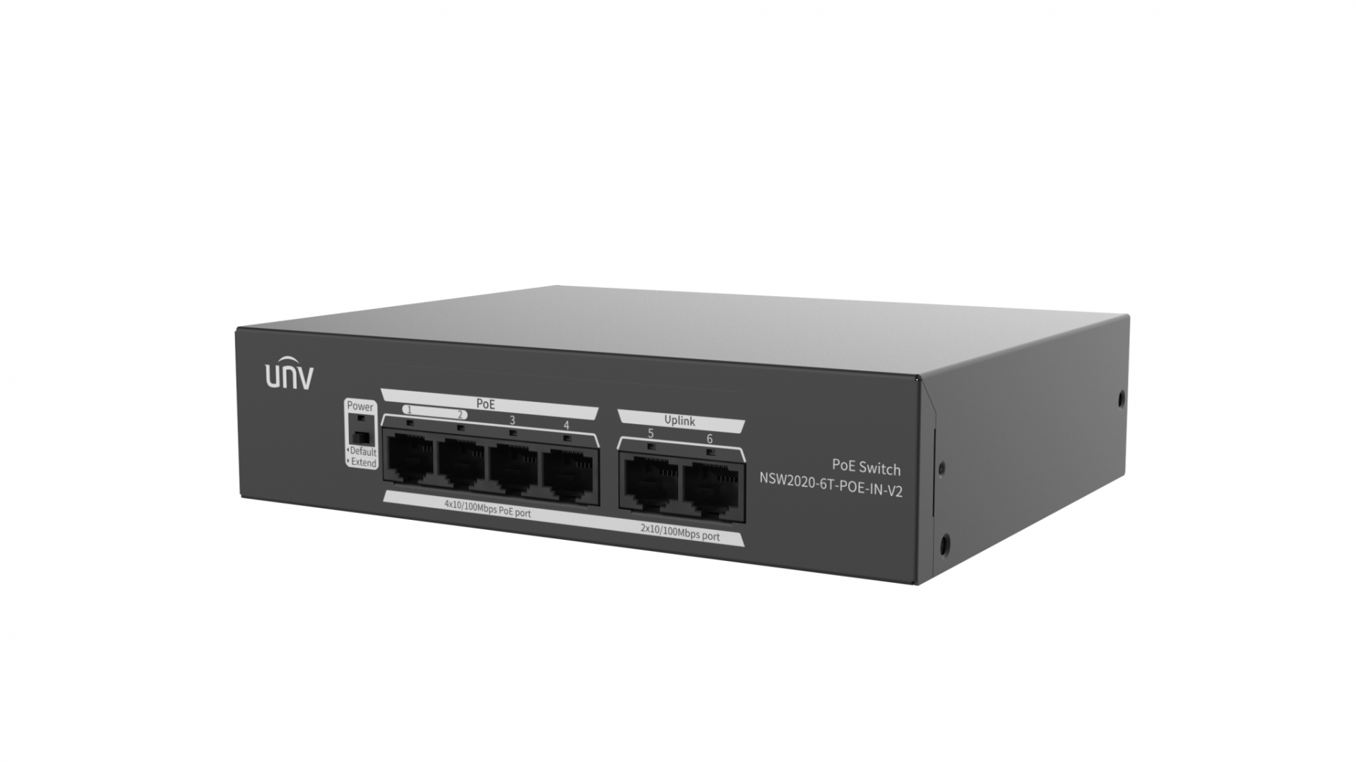 Switch Uniview NSW2020-6T-POE-IN-V2; Porturi:6×100Mbps network ports (RJ45), including 4 PoE ports; Maxim 30 W per port, Buget 65 W; Performanta: Switching capacity 1.2 Gbps, 0.90Mpps; Functii: Up to 250m transmission distance on surveillance mode; Alimentare: AC 100 to 240V, 50/60Hz; Dimensiuni