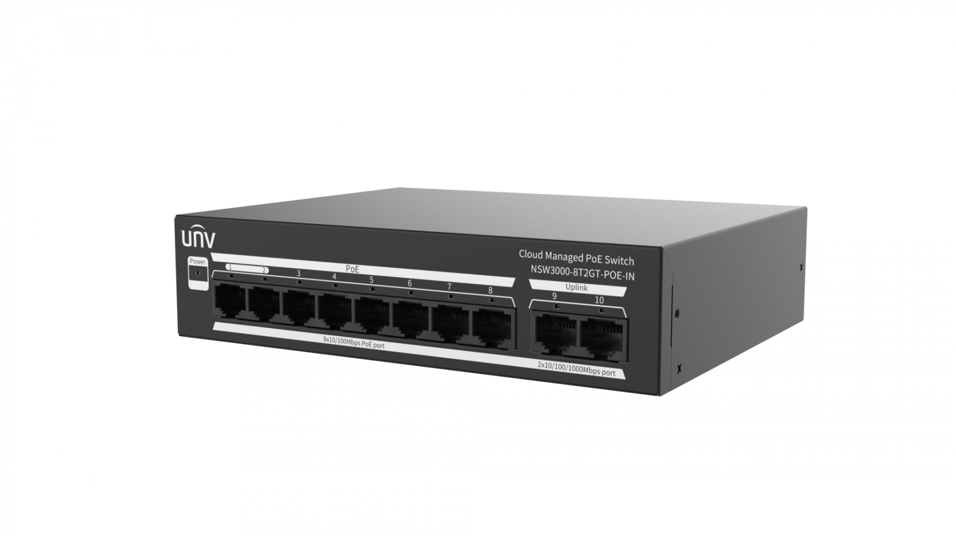 Switch Uniview NSW3000-8T2GT-POE-IN; Porturi:8 x 10/100Mbps POE port (RJ45) + 2 x Gigabit port (RJ45); Maxim 30 W per port, Buget 120 W; Performanta: Switching capacity 5.6 Gbps, Forwarding 4.17Mpps; Functii: Supports the extend mode for up to 250m communication range and 10Mbps auto-negotiation