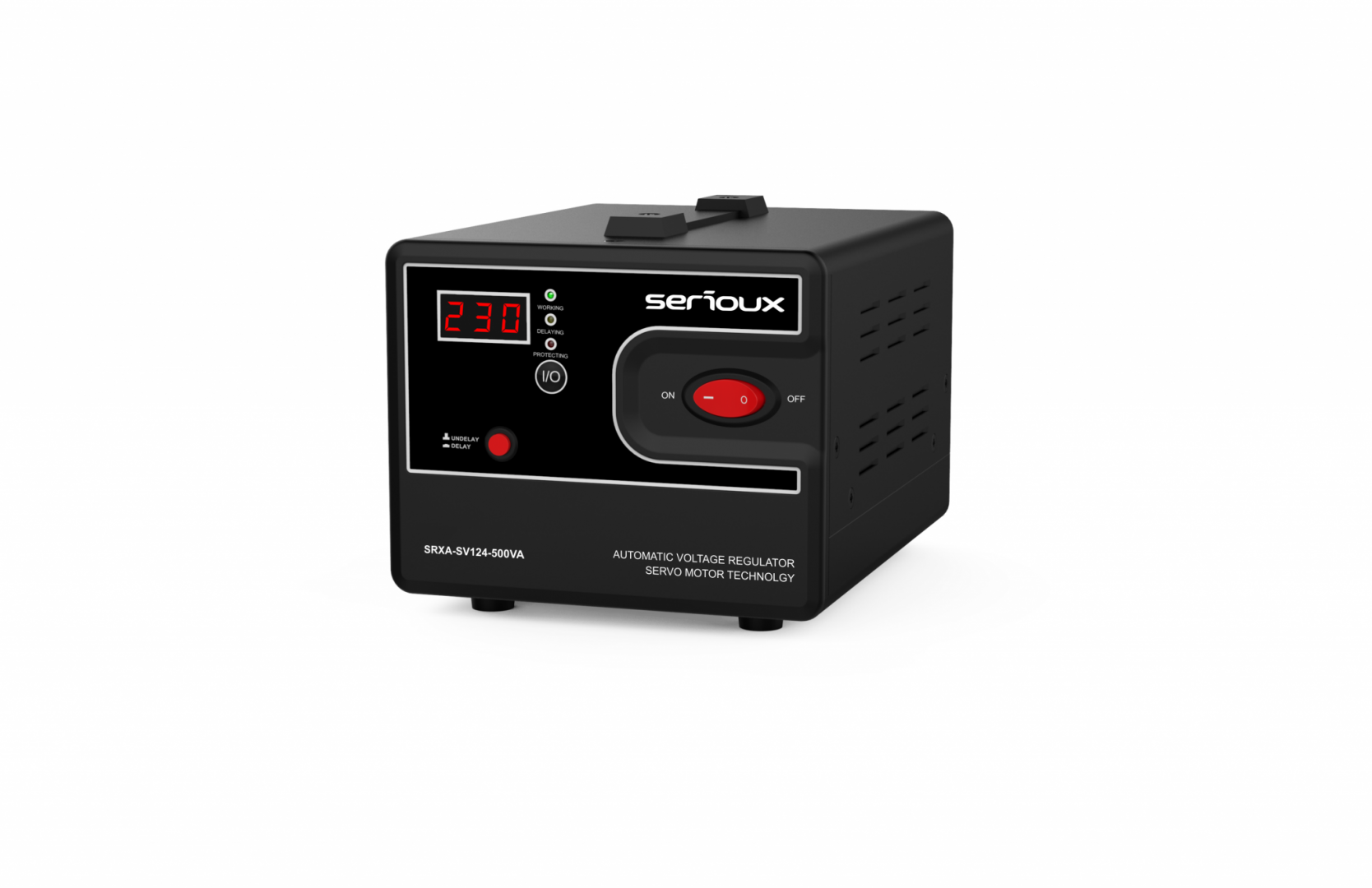 Stabilizator de tensiune Serioux Servo 124-500VA, putere 500VA/300W, tip servo motor, transformator toroidal+ Servo motor, interval tensiune intrare 150V ~ 260V, interval frecvența intrare 45Hz ~ 65Hz, tensiune de ieșire 230V, precizie de ieșire ±3%, prize: 1x Schuko, distorsiuni <3%, eficienţă