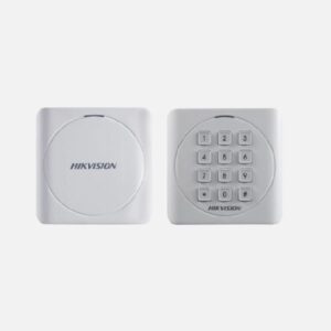 Cititor card cu tastatura Hikvision DS-K1801EK, frecventa de operare RFID EM125KHz, conectivitate: Wiegand 26/34 protocol, distanta de citire: max. 50mm, tastatura cu 12 butoane, Led de stare, alimentare; 12VDC, dimensiuni: 87mm × 87mm × 13.3mm, IP 65, greutate: 211g