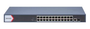 Switch PoE Hikvision SWITCH 24+2 GIGABIT POE: 24 × Gigabit PoE port,1 × Gigabit RJ45 port,1 × Gigabit fiber optical port, standard: IEEE 802.3af,IEEE 802.3at, buget PoE 370W, tensiune alimentara: 100~240 V AC, 50/60 Hz, Max. 6.3 A, dimensiuni: 440.0 mm × 220.8 mm × 44.0 mm, greutate: 3.1kg.