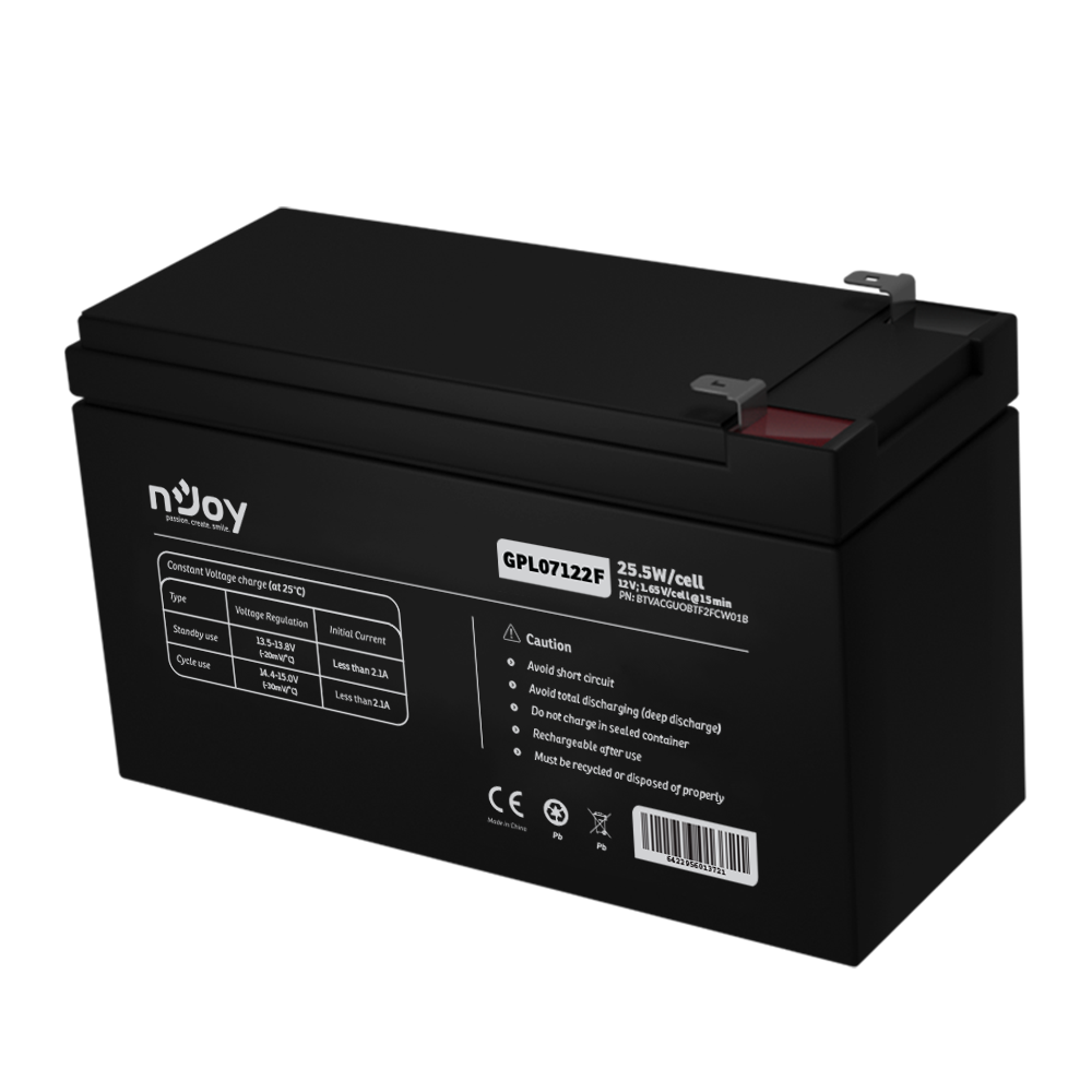 Acumulator nJoy GPL07122F 12V 22.72W/cell, Capacitate 22.72W/cell evaluat la 1,65V/cell@15 min), Tensiune 12V, Tip VRLA - fara mentenanta, Caracteristici: Sigilata complet si fara intretinere, Peste 260 de cicluri la 100% DOD, Utilizare standard 5-8 ani, Auto-descarcare redusa, Conectori : F2 -