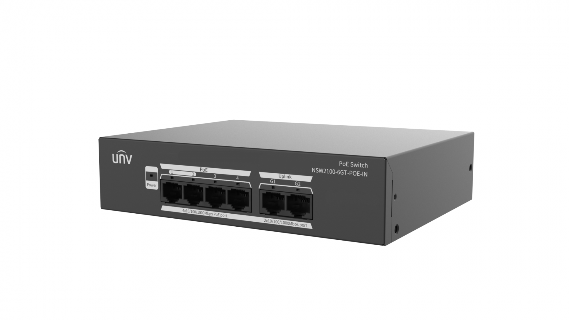 Switch Uniview NSW2100-6GT-POE-IN; Porturi:4× 10/100/1000Mbps PoE port (RJ45) + 2 x 10/100/1000Mbps port (RJ45); Maxim 30 W per port, Buget 65 W; Performanta: Switching capacity 12 Gbps, Forwarding 8.92Mpps Functii: Supports the extend mode for up to 250m communication range and 10Mbps