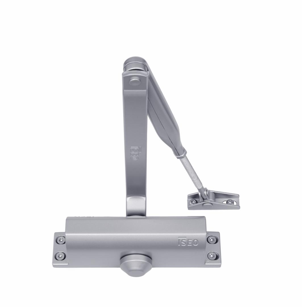 AMORTIZOR HIDRAULIC DE USA ISEO ARGINTIU 37L100003; Forță de inchidere: EN 2/3/4 selectabila pentru usi cu latimea de până la 1.100 mm (forta fixa EN 3 în configurație cu brațe paralele pentru uși cu lățimea de până la 950 mm); Dimensiune selectabila prin modificarea pozitiei corpului fata de