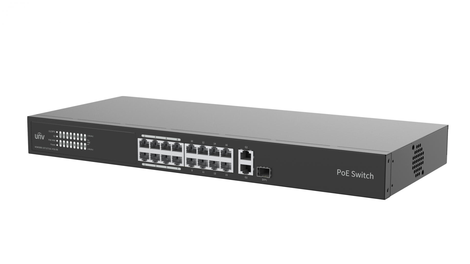 Switch Uniview NSW3000-16T1GT1GC-POE-IN; Porturi:16 x 10/100Mbps POE port (RJ45) + 1 x Gigabit port (RJ45)+ 1 x Gigabit Combo; Maxim 30 W per port, Buget 250 W; Performanta: Switching capacity 7.2 Gbps, Forwarding 5.36Mpps; Functii: Supports the extend mode for up to 250m communication range and