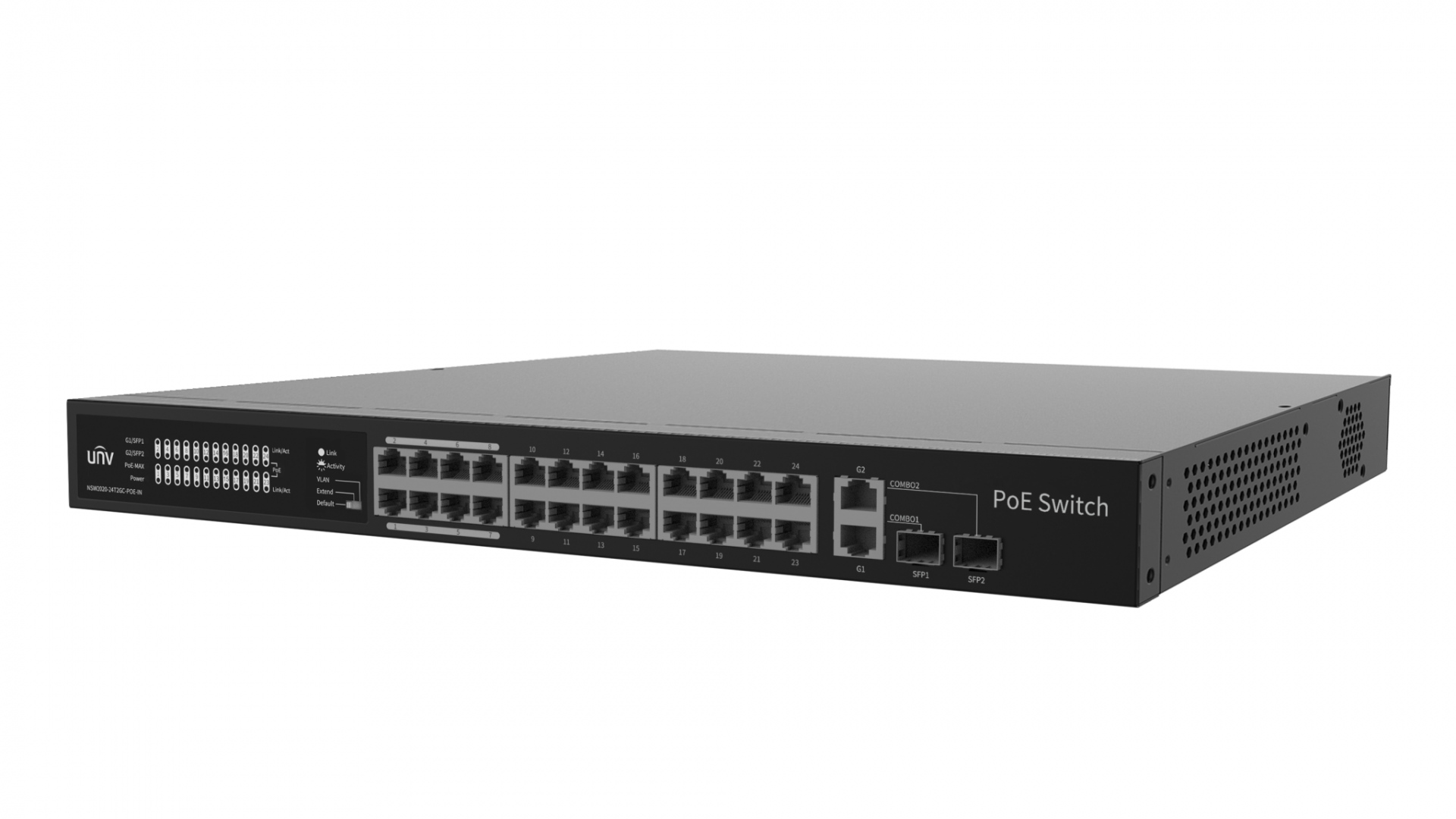 Switch Uniview NSW2020-24T2GC-POE-IN; Porturi:24×100Mbps PoE ports (RJ45) + 2×1000Mbps Combo ports; Maxim 30 W per port, Buget 370 W; Performanta: Switching capacity 8.8 Gbps, Forwarding 6.55Mpps; Functii: Supports the extend mode for up to 250m communication range and 10Mbps full-duplex port rate